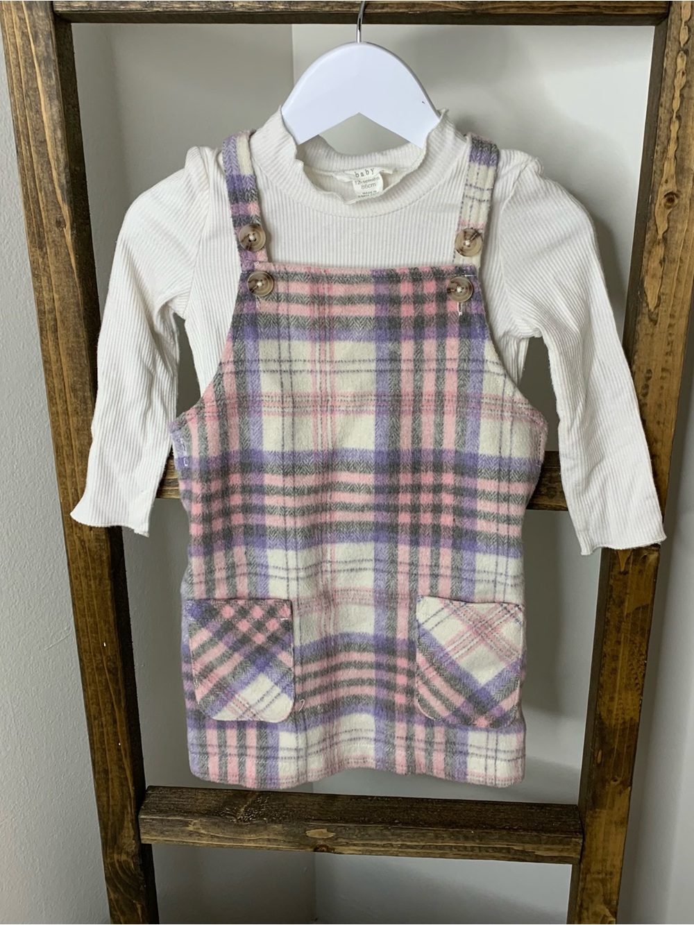 Primark Baby Plaid Pinafore Dress with White Ribbed Top Size 12-18M